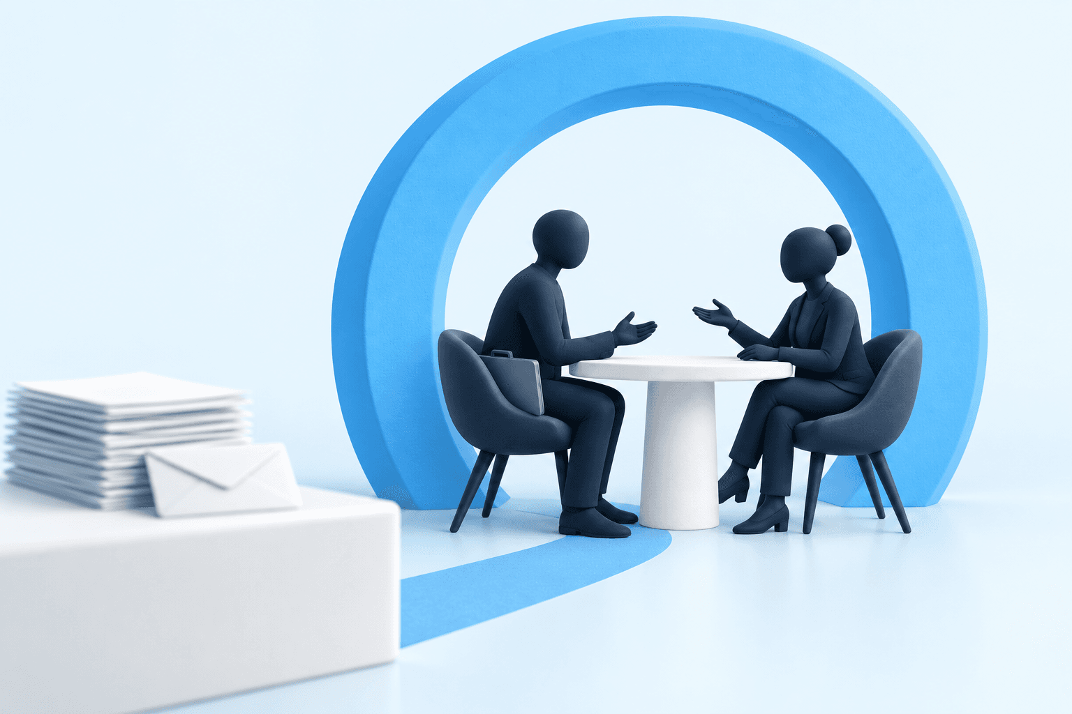 Two dark faceless figures talk across a table beneath an open blue arch.