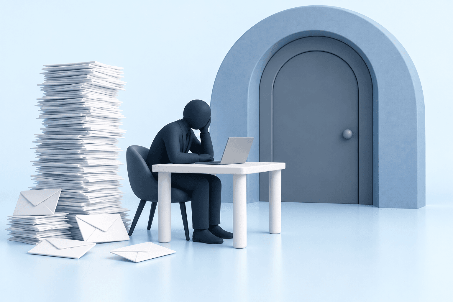 A dark faceless figure sits alone with a laptop, unanswered applications and a closed door.