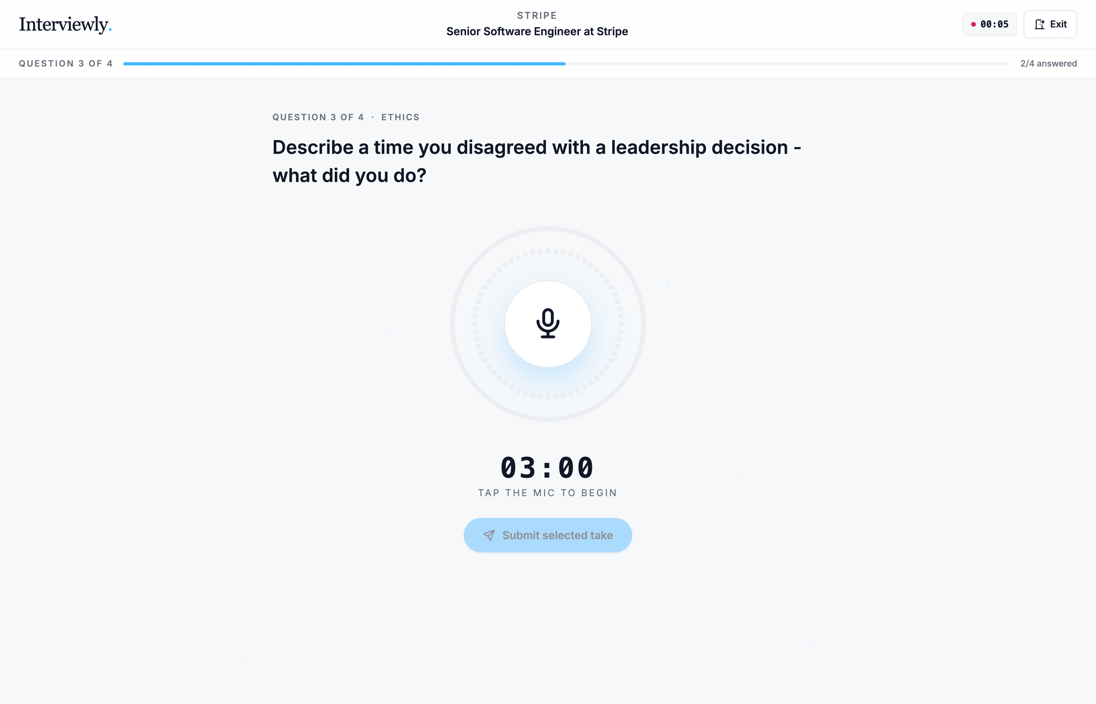 AI mock interview practice with timed recording