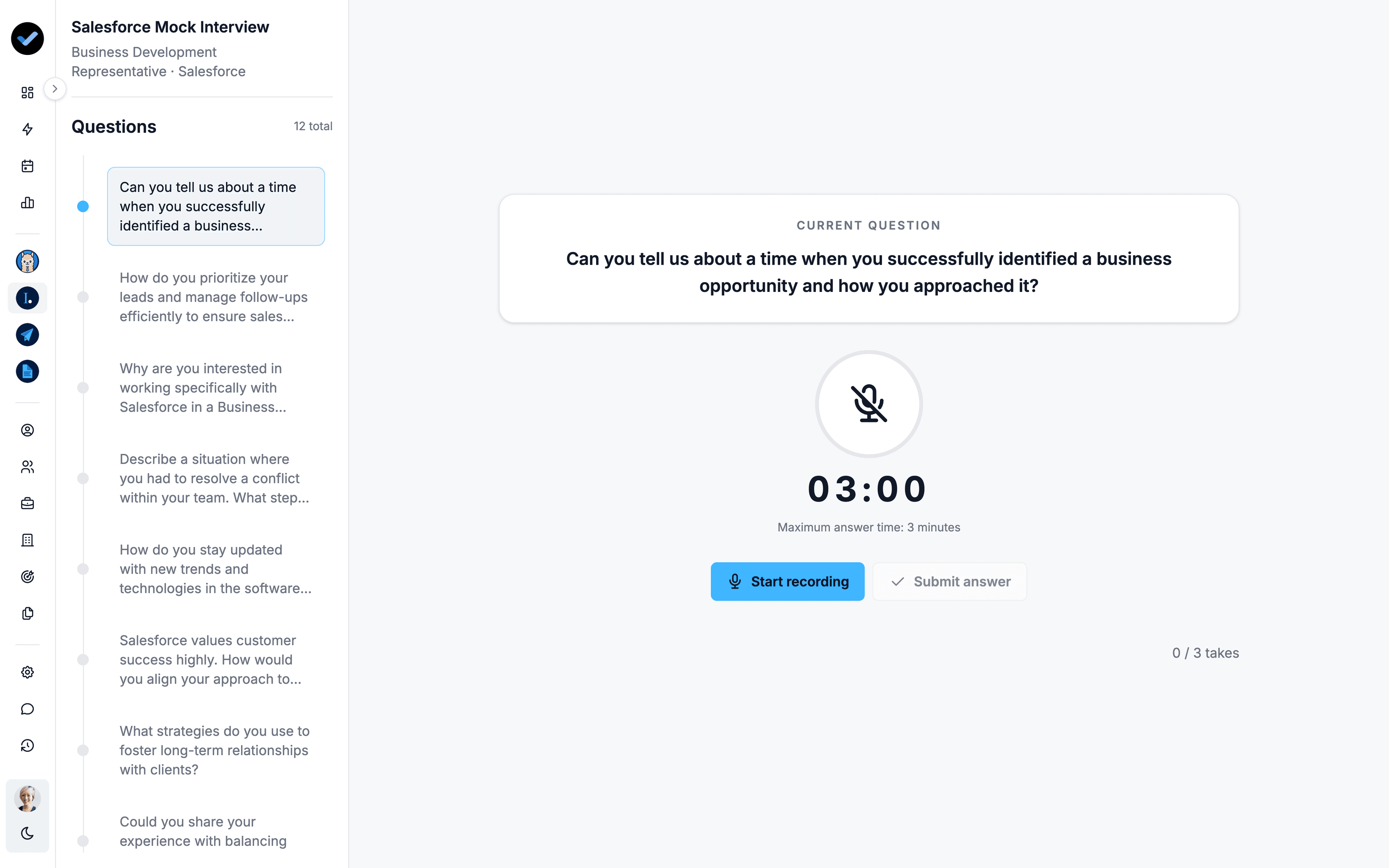 AI mock interview practice with timed recording