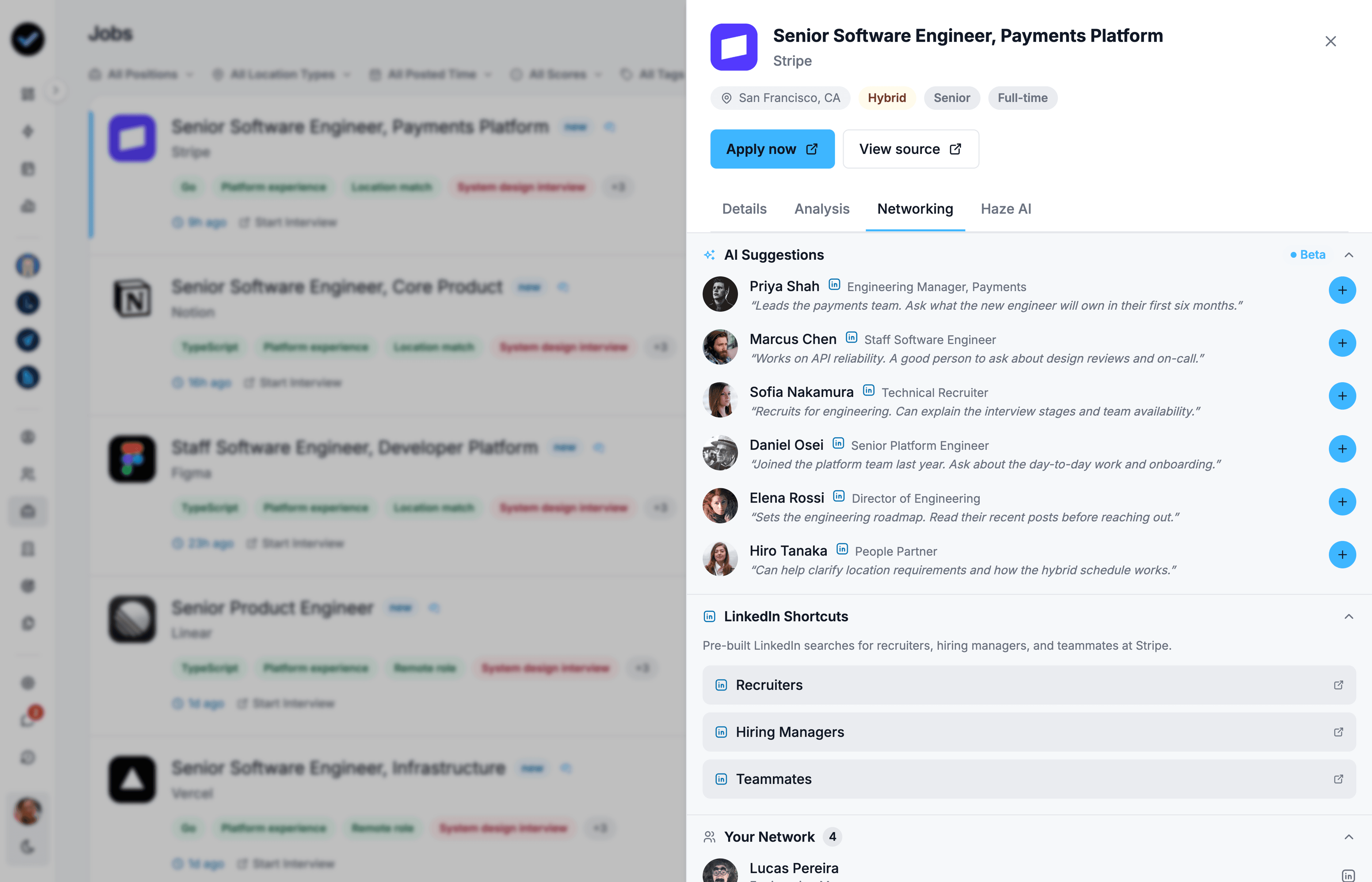 AI job networking contact suggestions panel