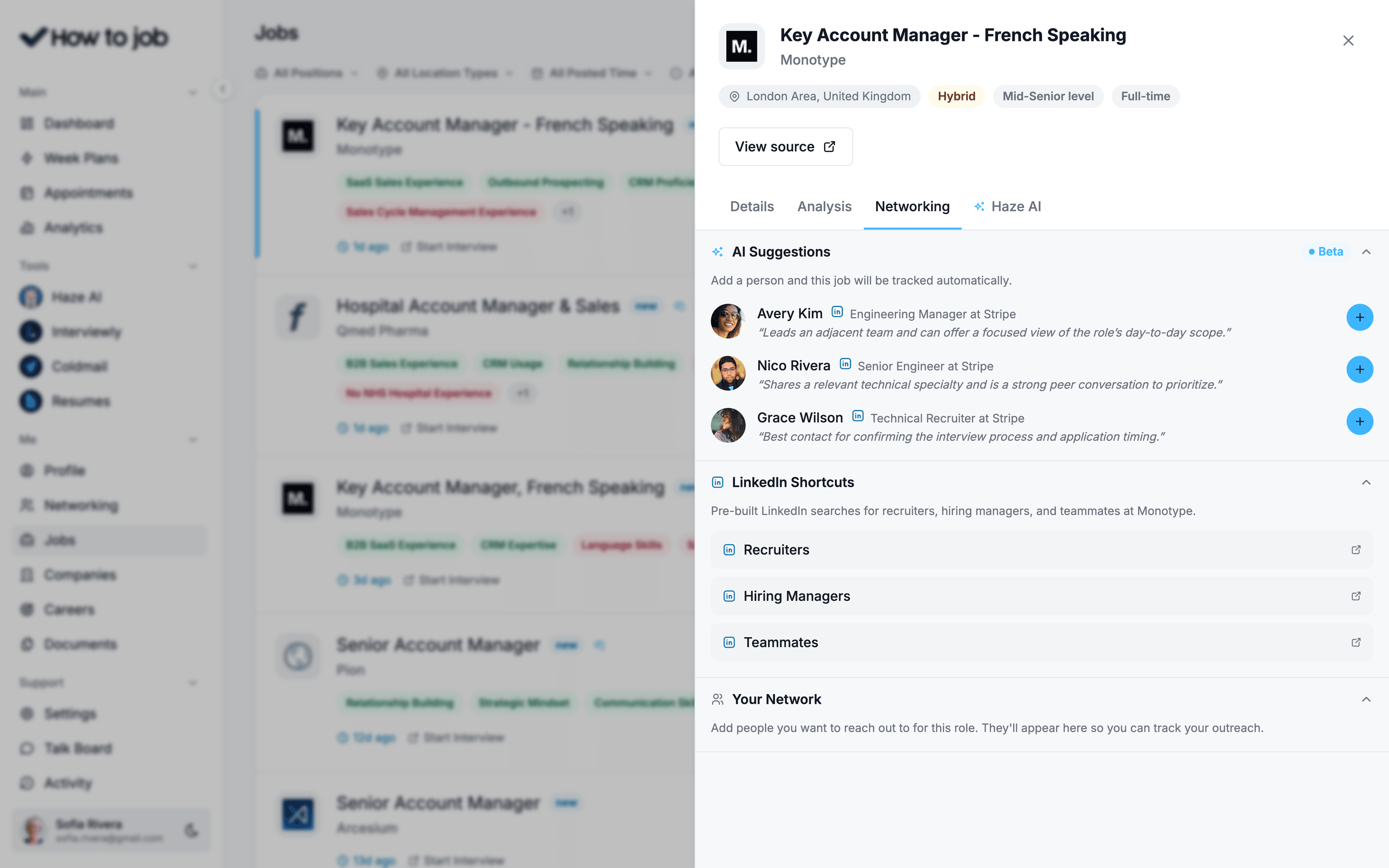 AI job networking contact suggestions panel